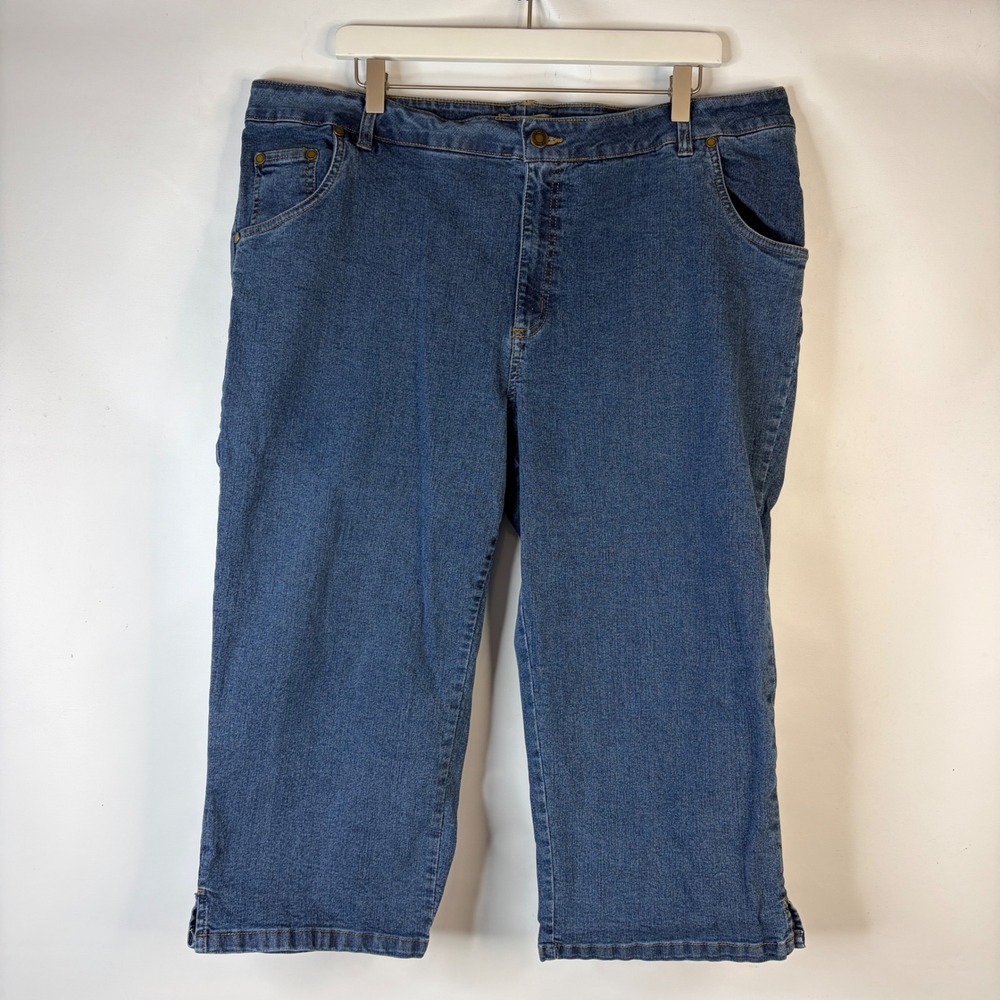 Woman Within Capri Jeans Women 20W Blue Stretch Denim Cropped Side Slit